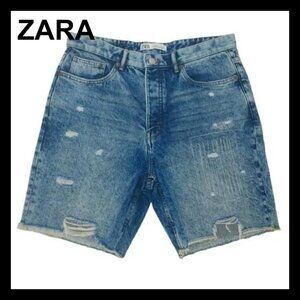 NWT ZARA button fly high waist distressed raw hems relaxed fit denim sho…